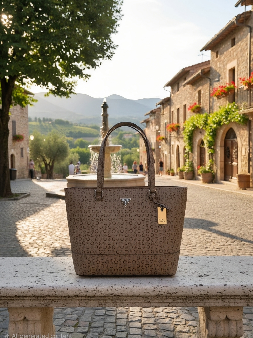 Guess Brown Monogram Tote with Gold Accent